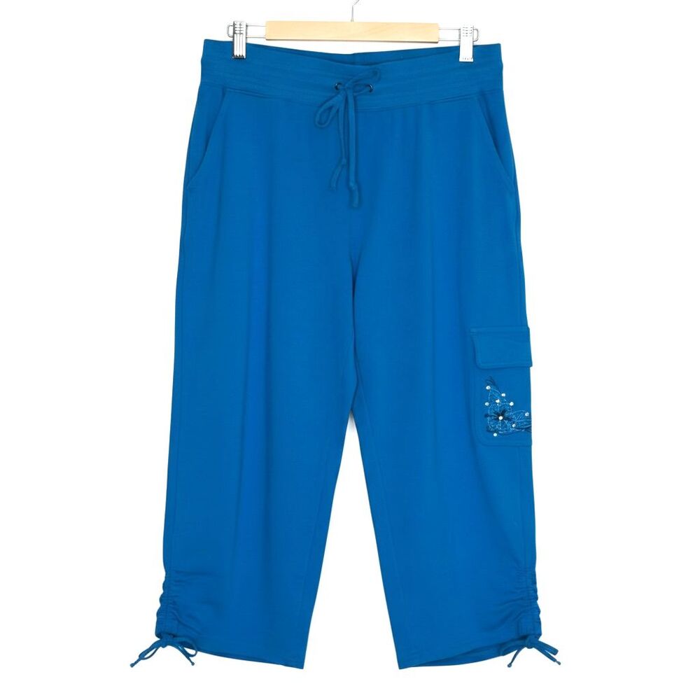 Basic Editions Crop Cargo Pants Embroidered Ruched Jersey Knit Floral Teal M